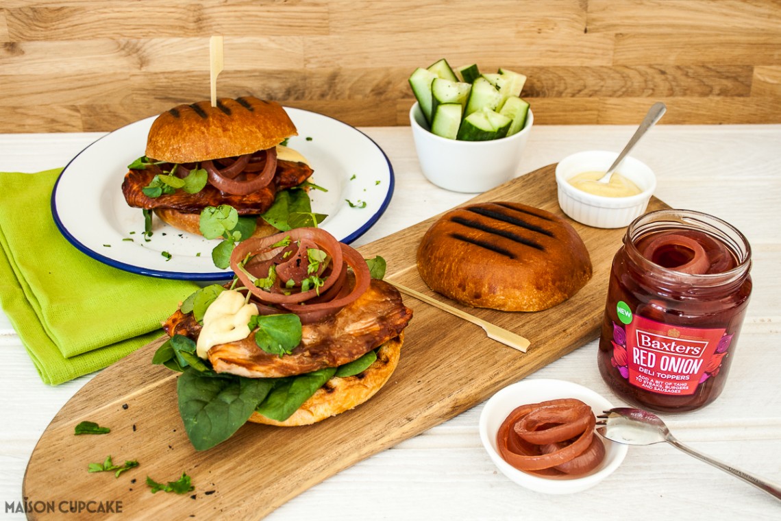 Sticky Salmon Burgers in Brioche Buns with Pickled Red Onion Rings