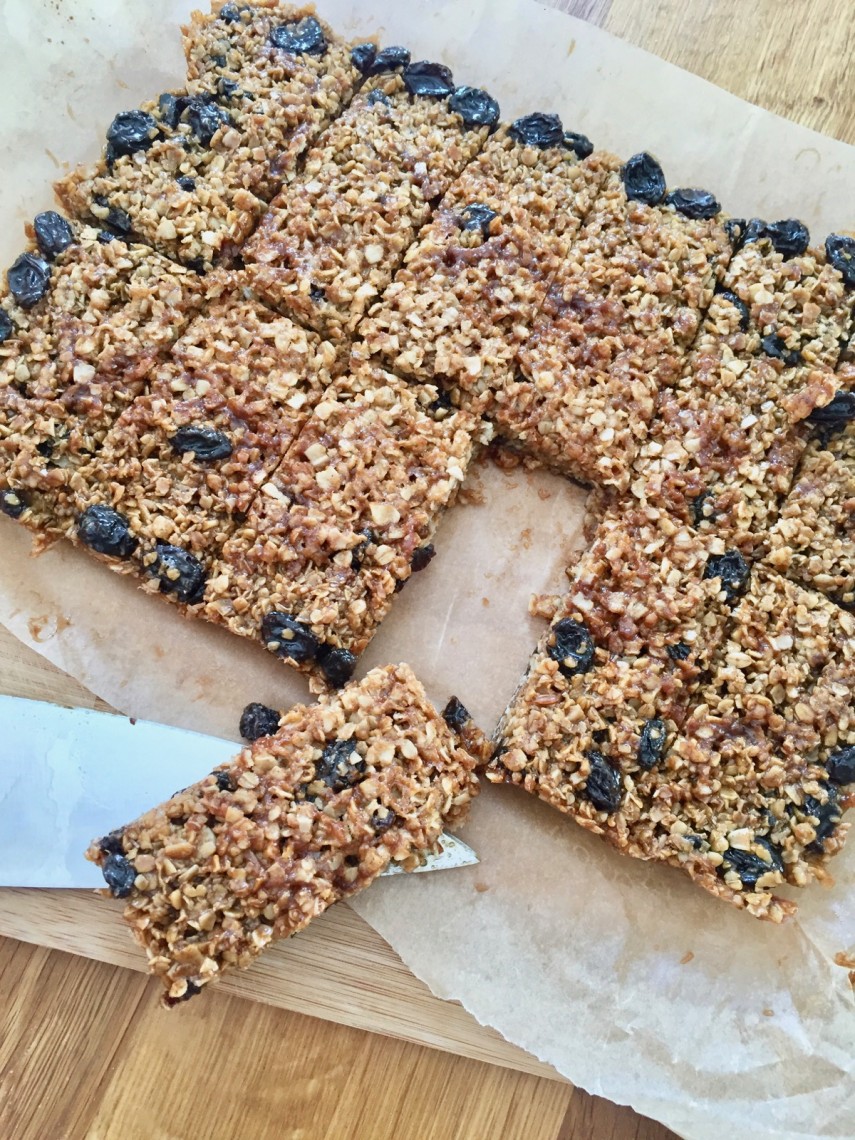 Batch of twelve cinnamon and raisin flapjacks cut into rectangles