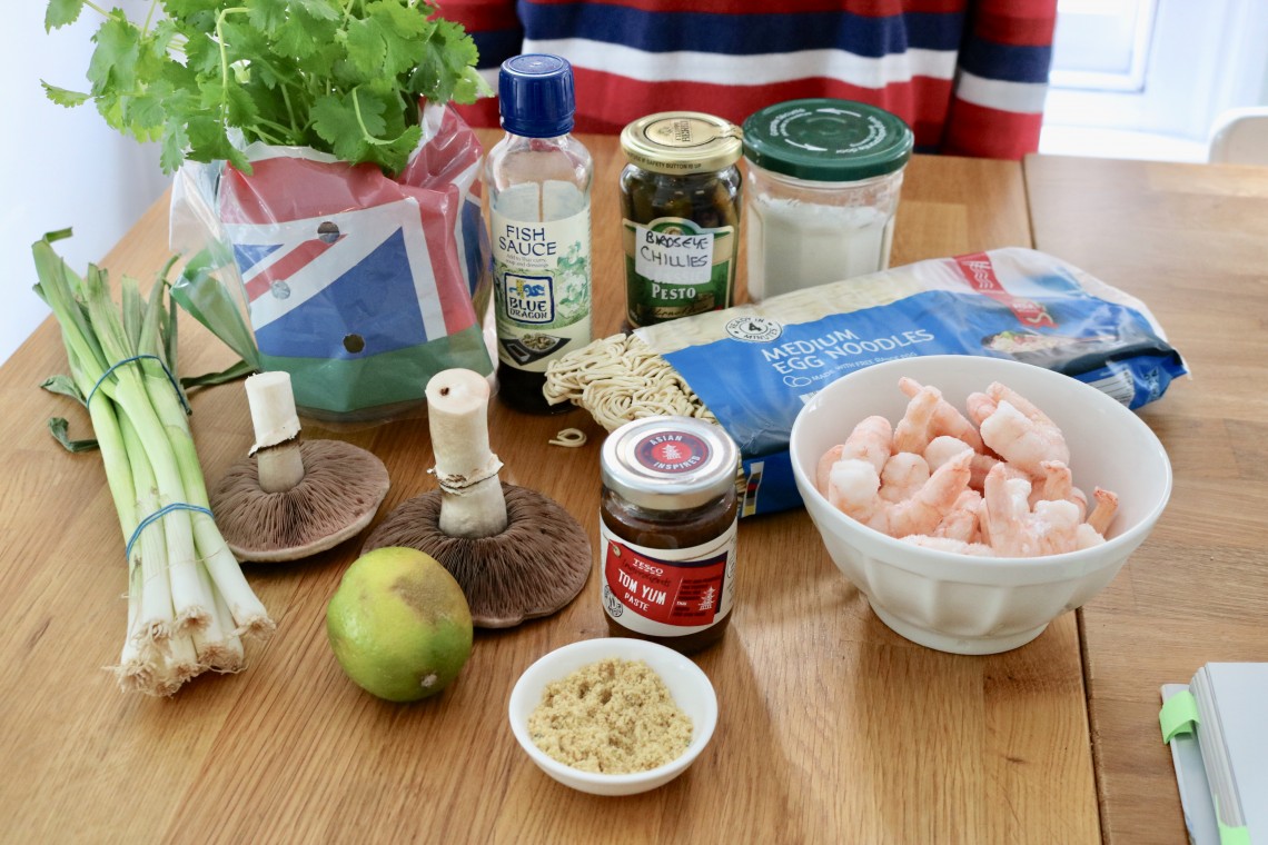 Ingredients displayed for tom yum prawn noodle soup recipe