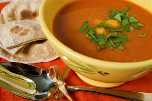 Spicy chickpea soup and coriander chapatti