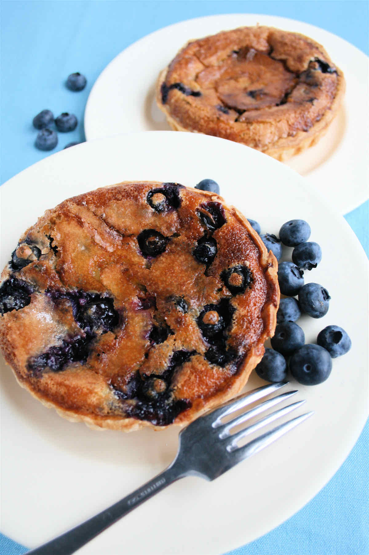 A golden blueberry tart on a white plate with raw blueberries and a fork.