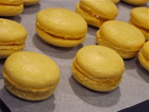 yellow macarons on tray