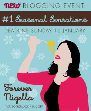 Vector image of Nigella Lawson eating spaghetti with text referring to a food blog recipe event.