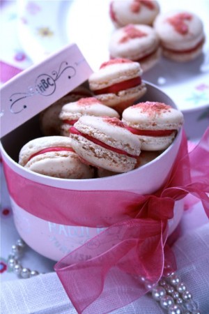 Pink praline heart and white chocolate macarons