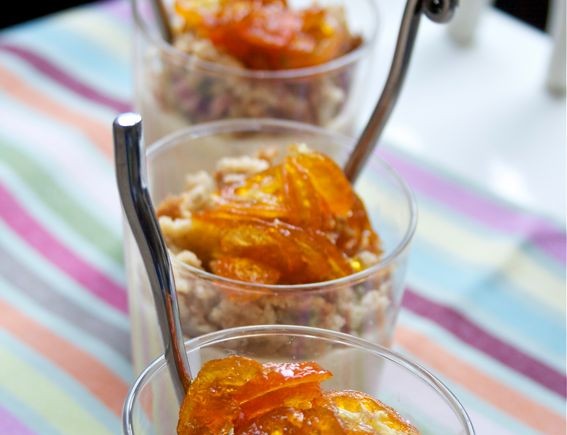Orange Pannacotta Crumble Pots with Candied Kumquat