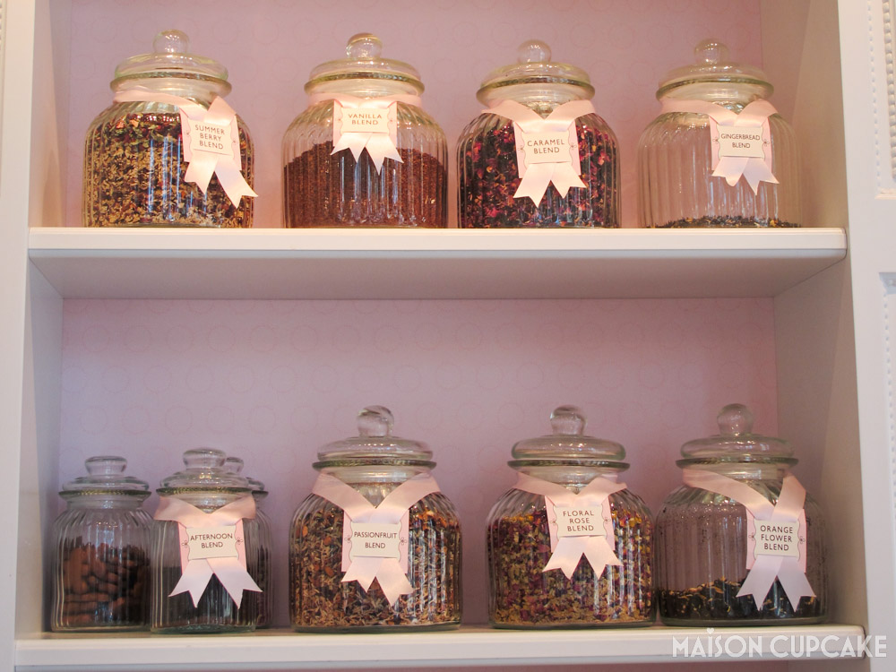Loose tea in glass jars at Peggy Porschen Cafe London Belgravia