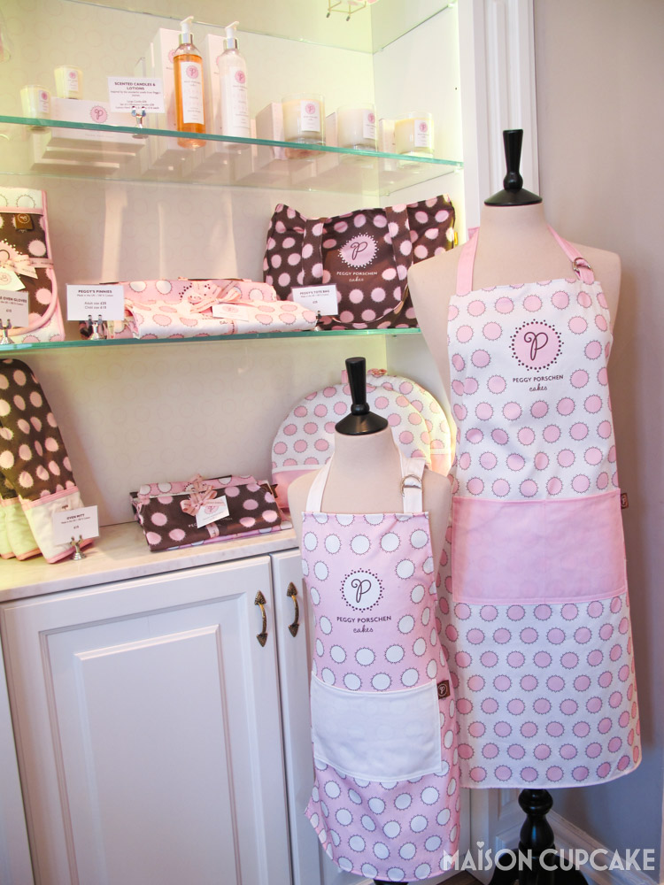 Peggy Porschen merchandise and aprons at London cafe Belgravia