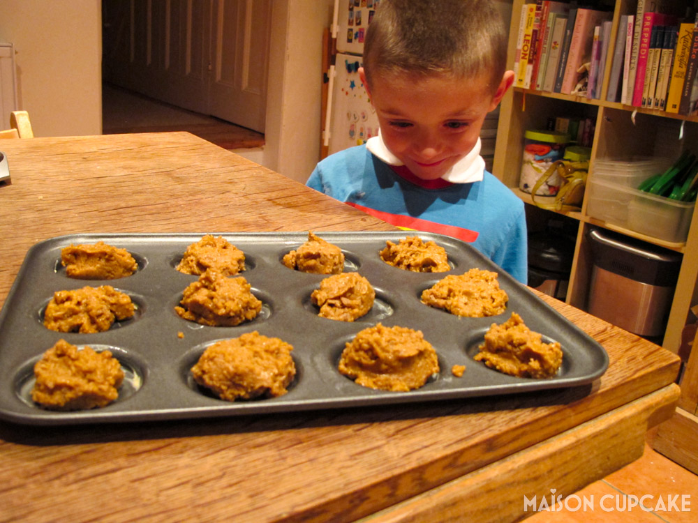 Pumpkin Whoopie Pies - steps - Ted inspects batter in baking tin