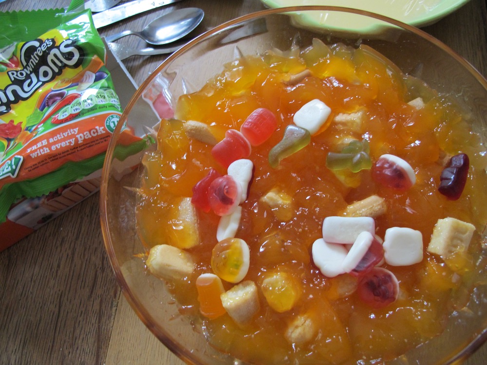 Jelly sweets on orange jelly for emergency trifle