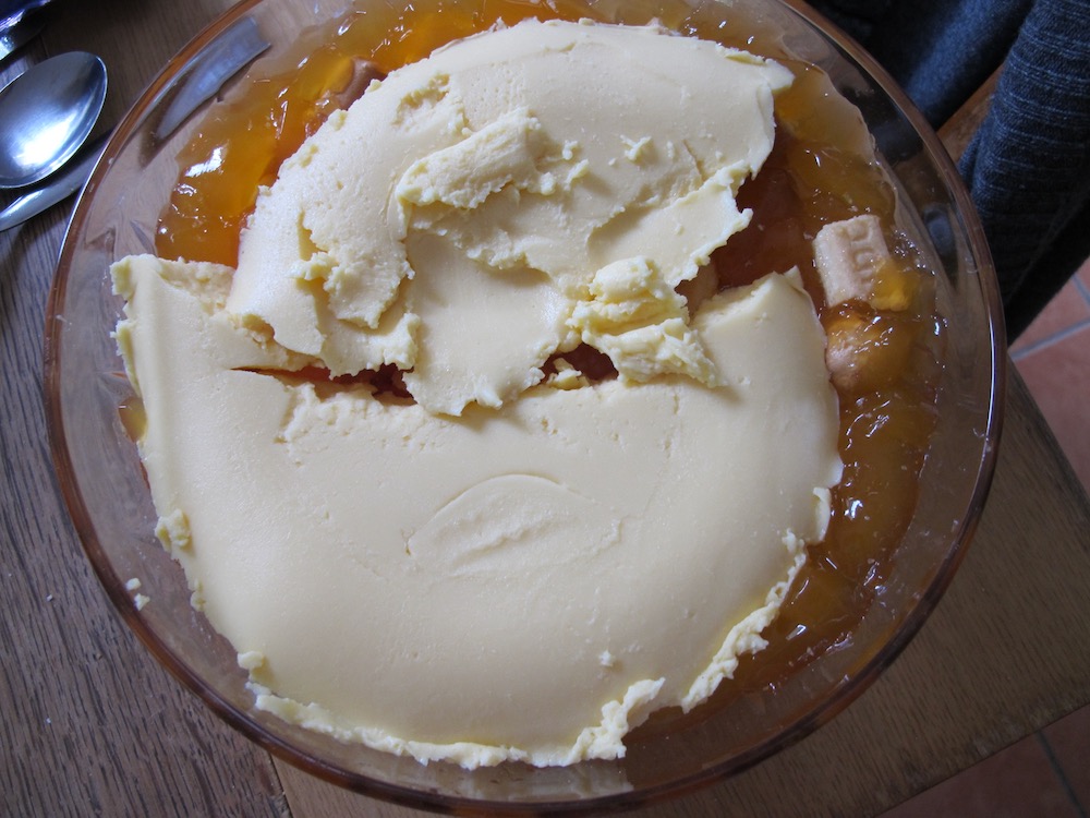 Custard on top of Jelly for Emergency Trifle