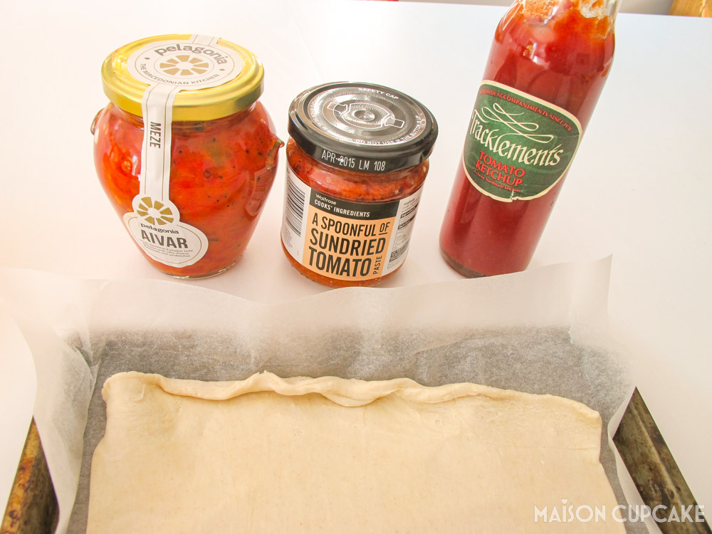 Tomato Olive Caper Tart - steps - options for spreading on the pastry