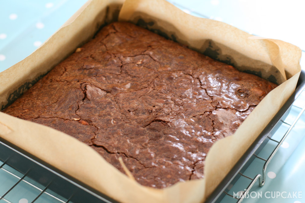 Almond Brownies - steps - after baking, in square tin