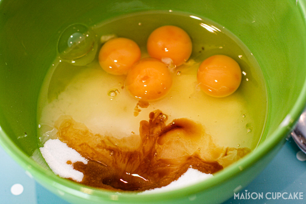 Almond Brownies - steps - eggs, sugar and vanilla in mixing bowl