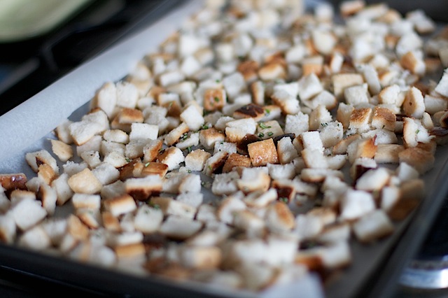 Croutons on a baking sheet ready to bake