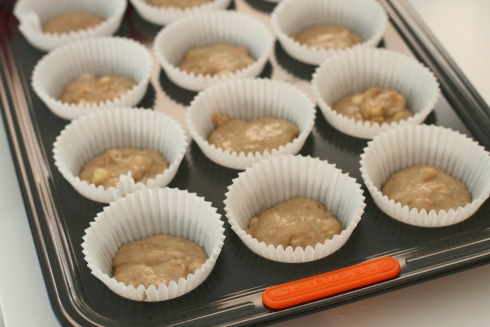 Muffin batter in cases for banana fudge muffin recipe