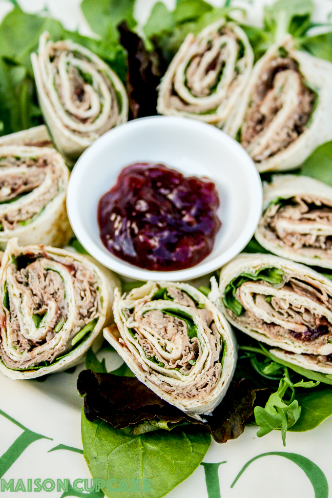 Roast beef wraps with cranberry relish and spinach