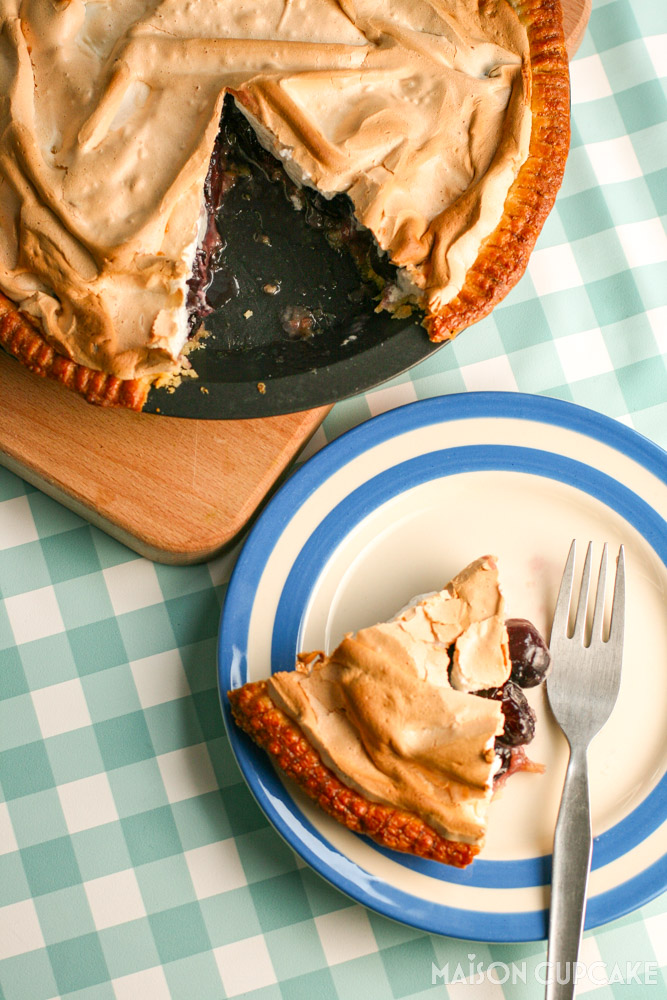 Cherry Meringue Pie - slice on plate, overhead view