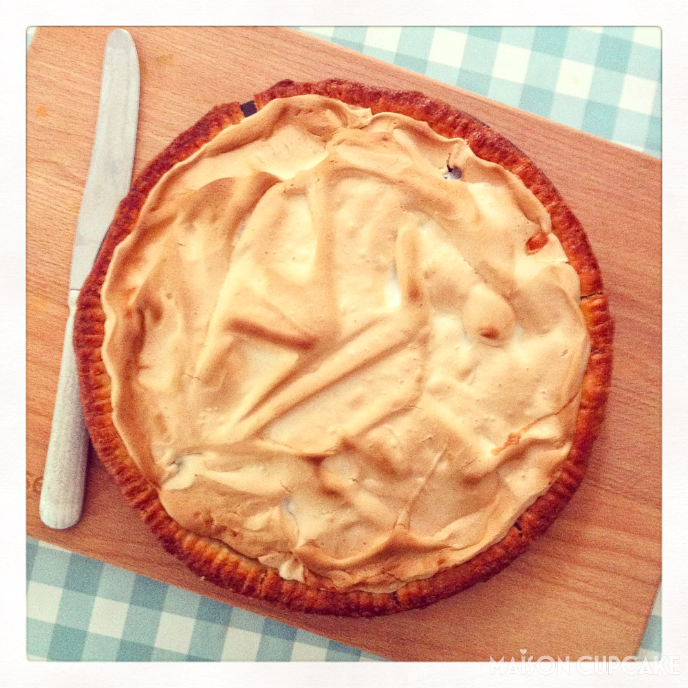 Cherry Meringue Pie, overhead with warm filter