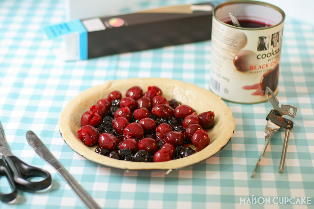 Cherry Meringue pie - canned cherries in uncooked pastry case