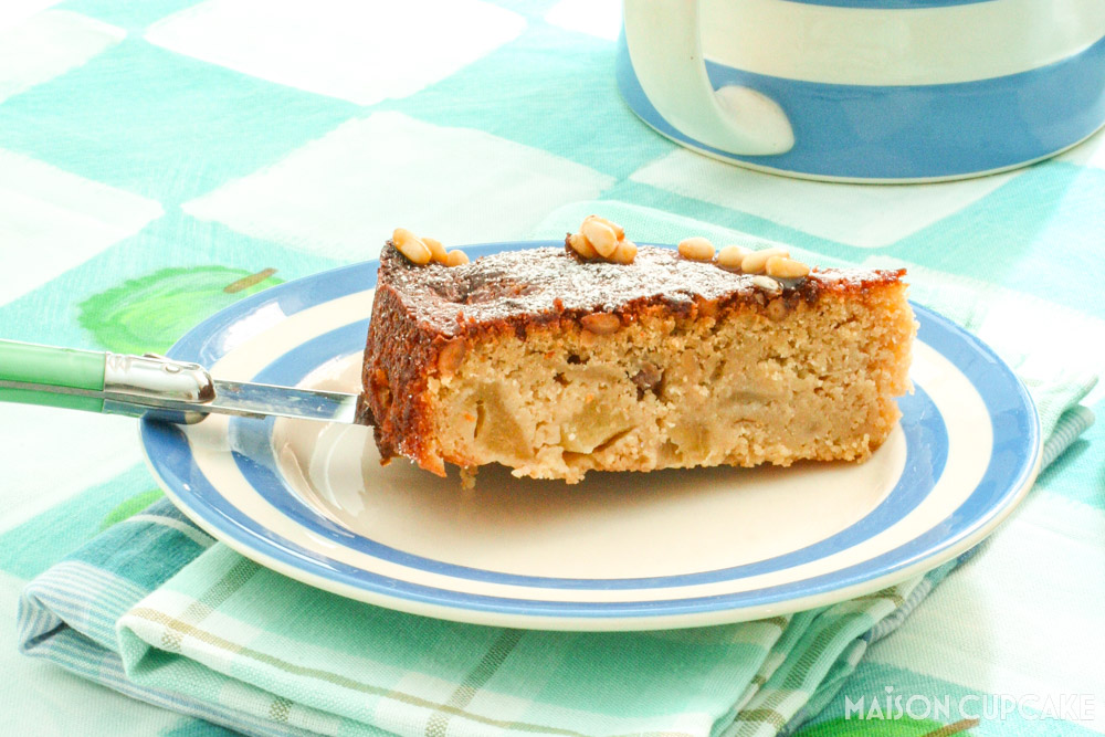 Gluten-free Pear Cake With Caramel - landscape slice close up on plate