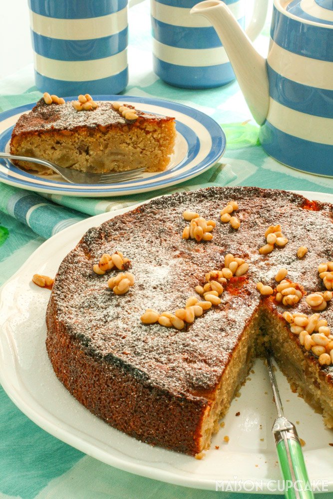 Gluten-free Pear Cake With Caramel - portrait whole cake with slice on plate