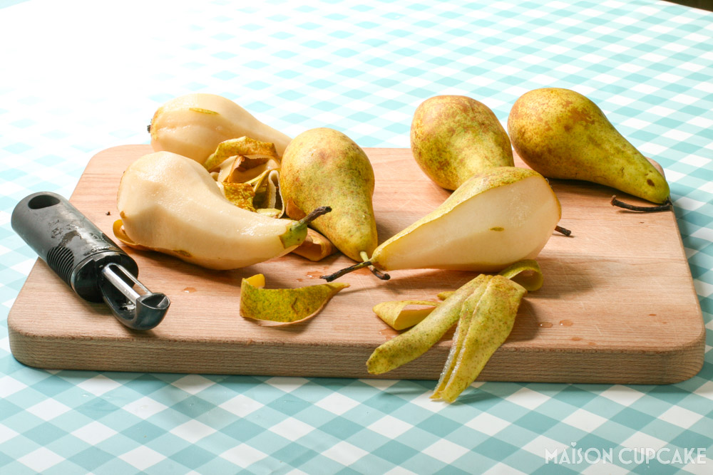 Gluten-free Pear Cake With Caramel - steps - peeling the pears on wooden board