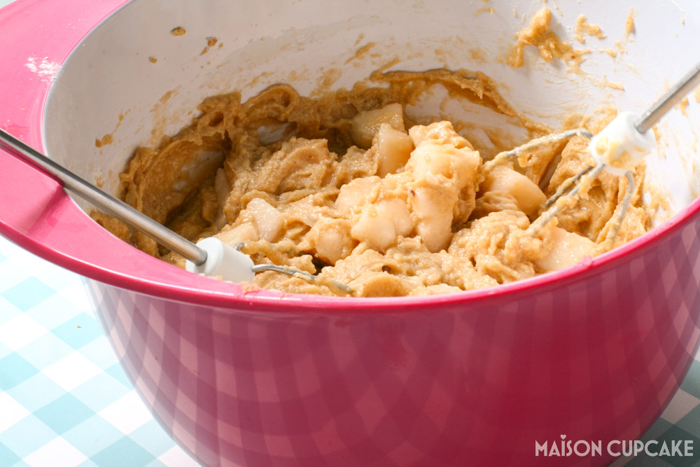 Gluten-free Pear Cake With Caramel - steps - adding pear chunks to batter in mixing bowl