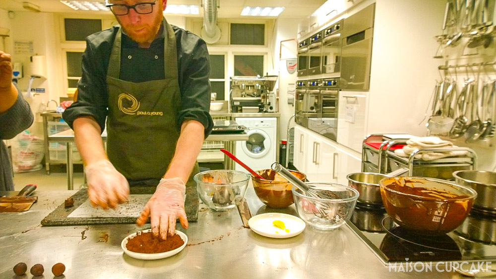 Chocolate Truffle Making Workshop with Paul A Young - dusting with cocoa powder
