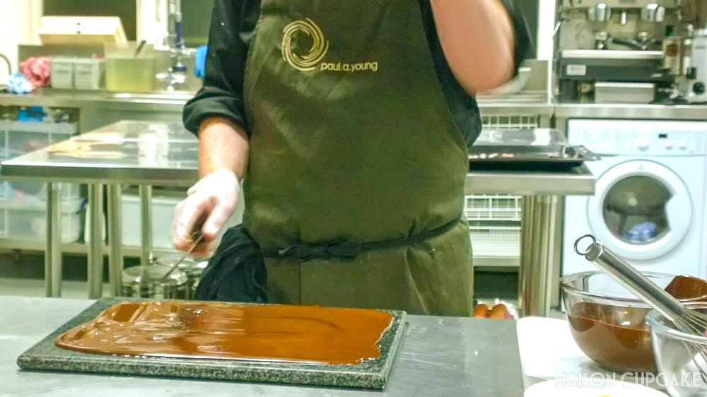 Chocolate Truffle Making Workshop with Paul A Young - molten chocolate on marble slab