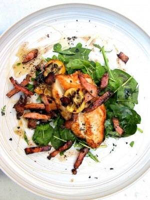 Basa fillets with bacon and spinach