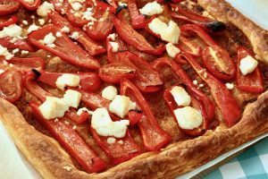 Red Pepper Feta Tart, made from bought puff pastry roll