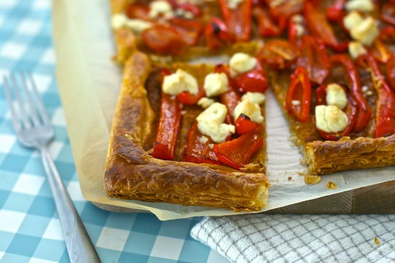 Red Pepper Feta Tart, from puff pastry and sliced into square