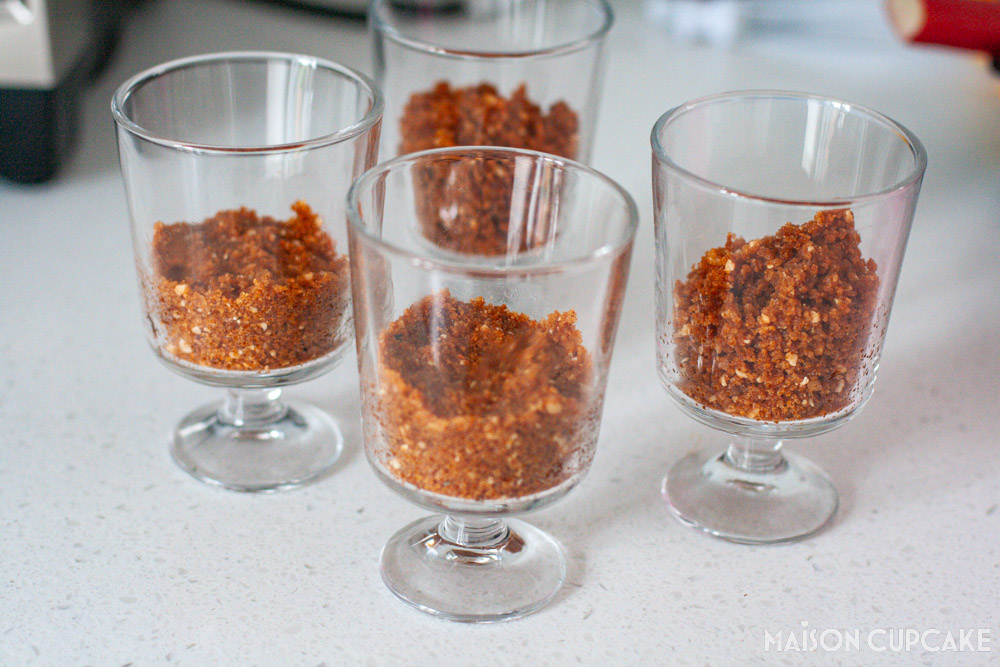 Rhubarb Raspberry Cheesecake Steps - biscuit base in glasses