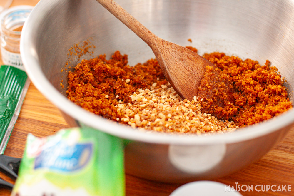 Rhubarb Raspberry Cheesecake Steps - mixing biscuit base ingredients