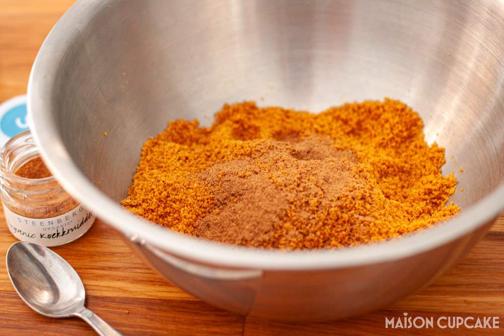 Rhubarb Raspberry Cheesecake Steps - biscuit base in bowl