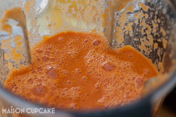 Close up picture of home made roast tomato and pepper soup, just blended in a Vitamix power blender.