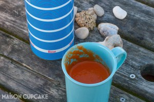 Roast tomato and pepper soup for a winter picnic, served in light blue plastic mugs and with a vintage striped blue and white flask.