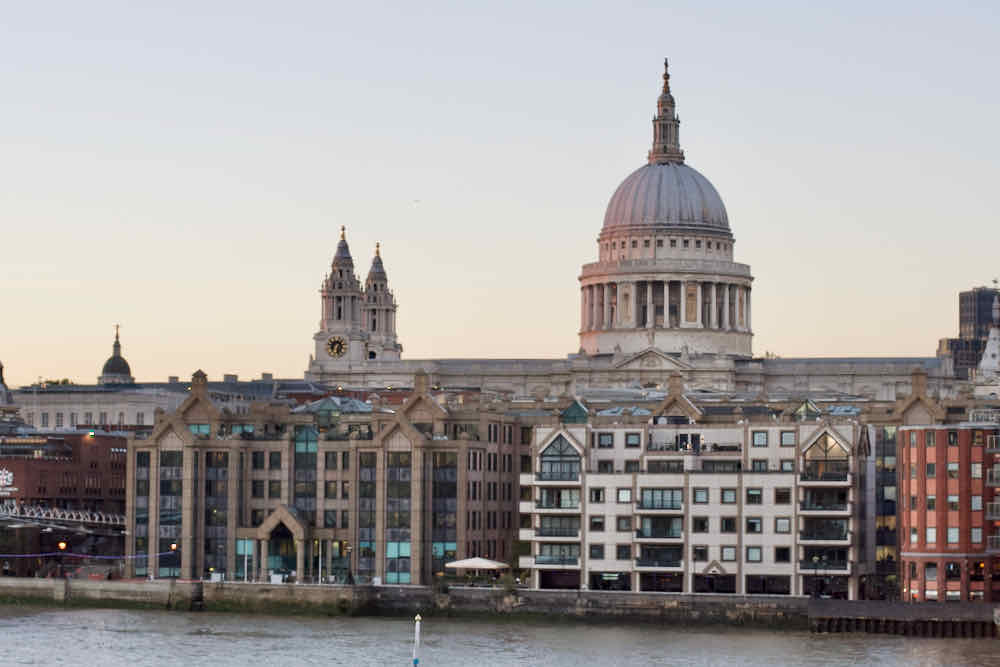 2015 View of Thames with St Paul’s cathedral at dusk from Globe Theatre