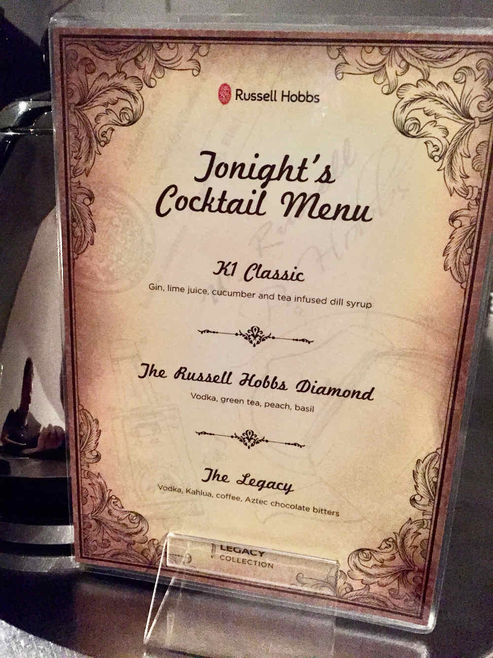 Cocktail menu for Russell Hobbs 60th anniversary event