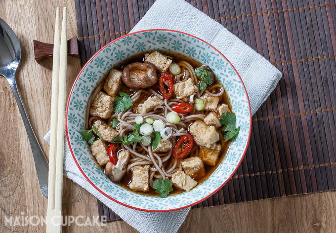 Vegetarian Quorn chicken noodles in green tea miso soup with coriander and red chilli