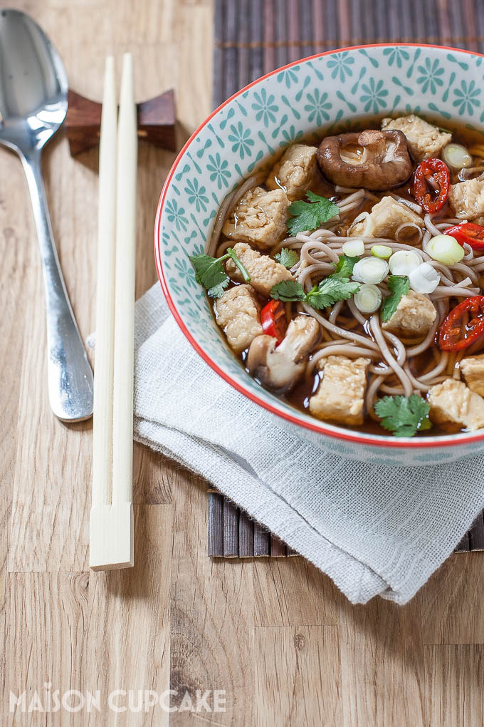 Japanese-style vegetarian noodles with Quorn chicken, red chilli, and coriander in miso and green tea broth