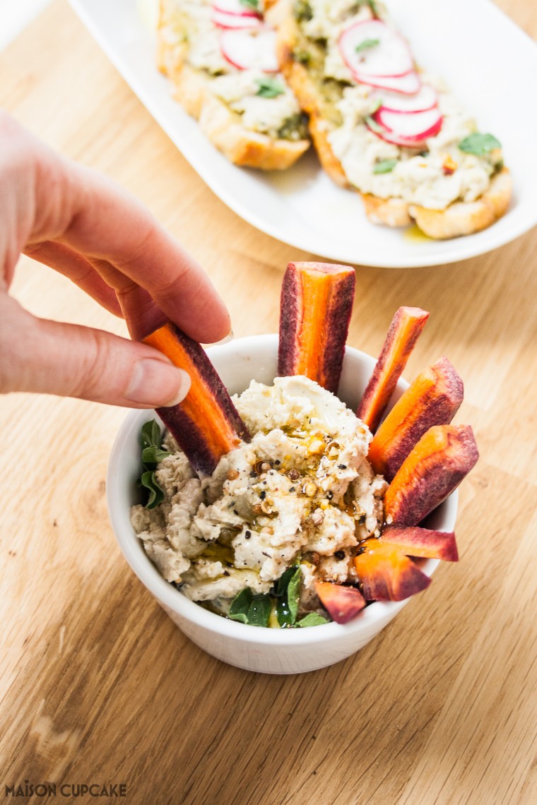 White bean bean dip with hummus and purple carrots