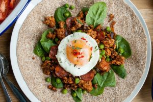 Spicy Egg Wraps with Minced Pork and Chorizo Sausage