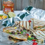 Quick and easy quesadillas stuffed with chicken and spicy slaw - veggie black bean option too