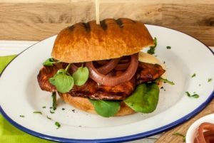 Sticky Salmon Burgers in Brioche Buns with Pickled Red Onion Rings