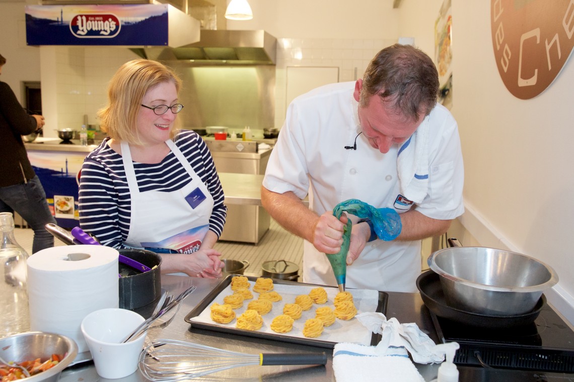 Sarah Trivuncic, left, writer of Maison Cupcake food blog and Chef Serge Nollent, right, at L'Atelier des Chefs for blogger baking event hosted by Young's Seafood.