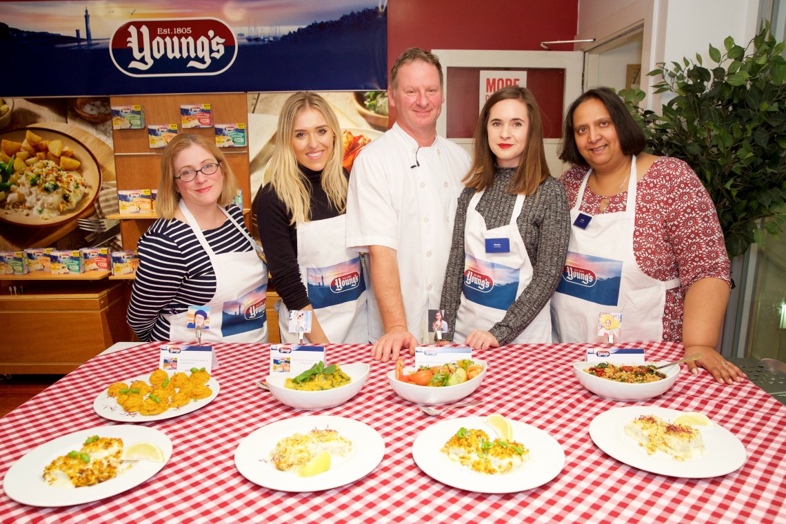 Sarah Trivuncic, far left, taking part in the Blogger Bake Off with Youngs Fish at L'Atelier des Chefs, Wigmore Street, Marylebone, in 2016