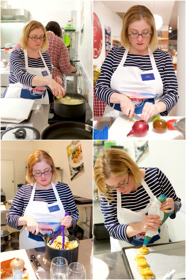 Sarah Trivuncic of Maison Cupcake cooking at L'Atelier des Chefs cookery school for the Blogger Bake Off with Youngs Fish in 2016