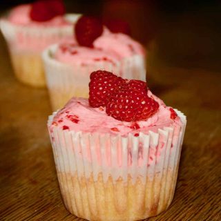 Crushed raspberry cupcakes with pink icing.