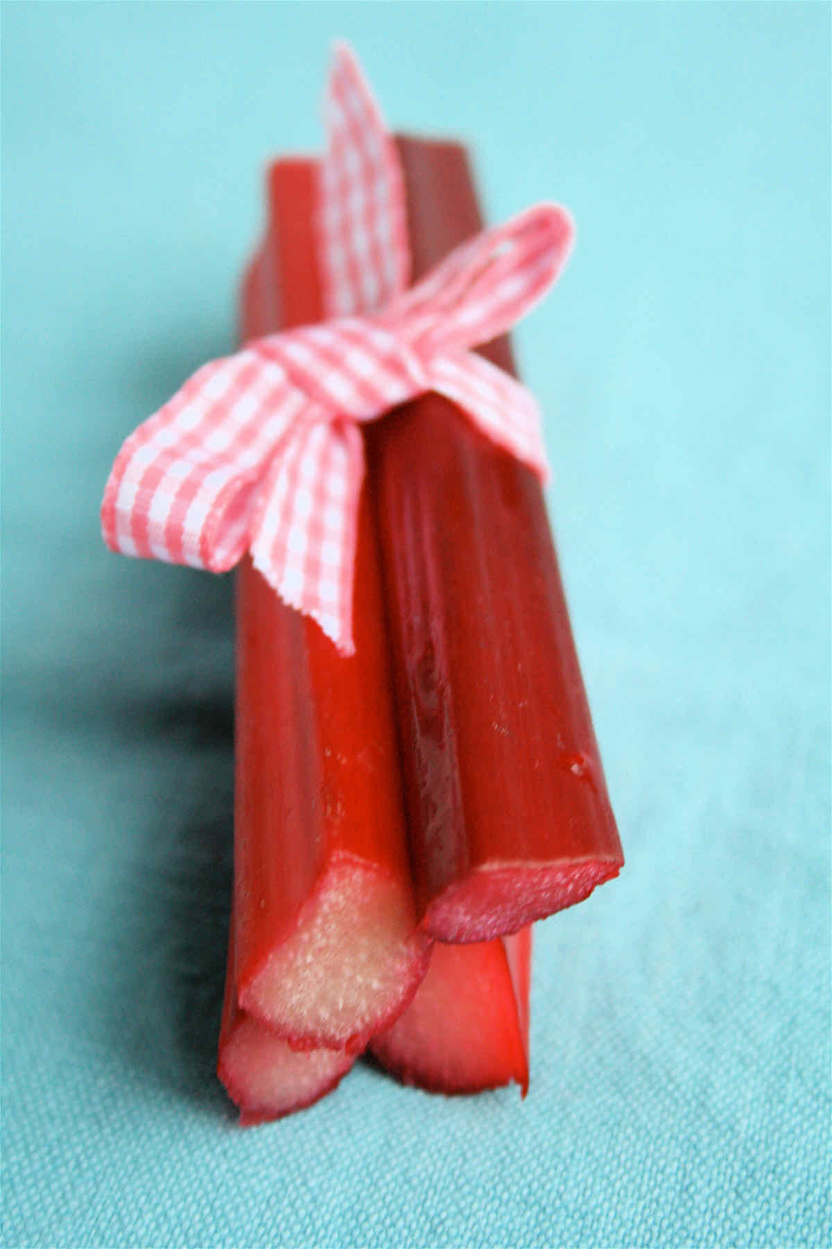 Pink sticks of fresh rhubarb tied up with pink ribbon on blue background